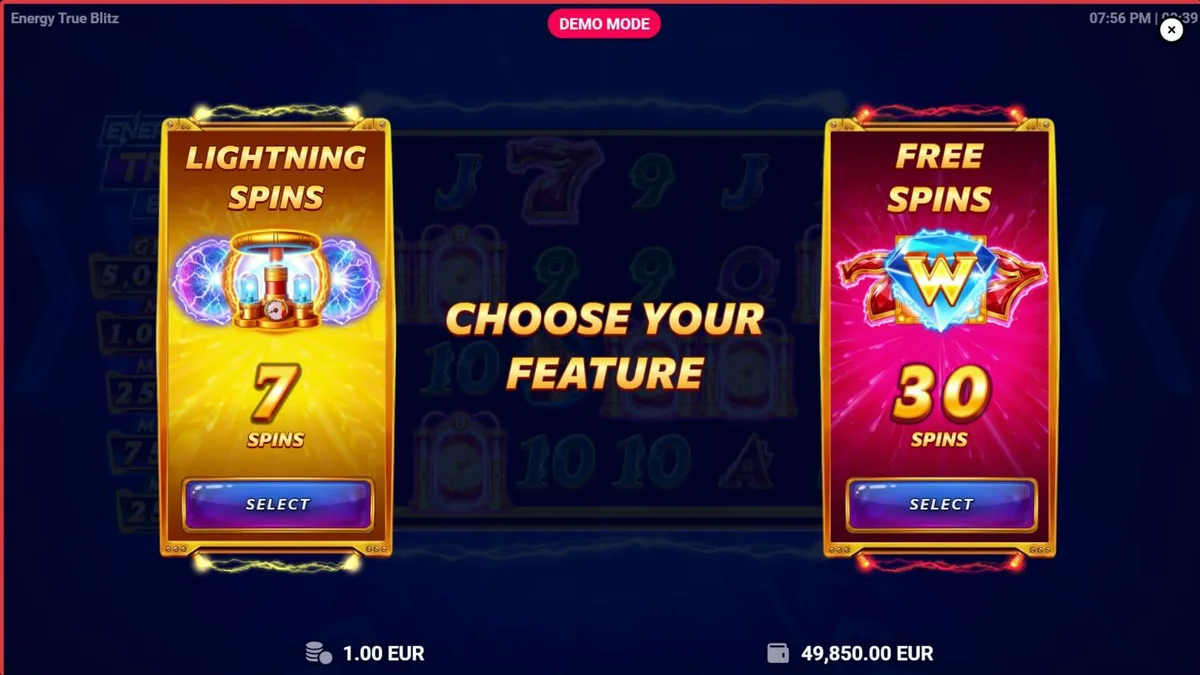 Tampilan visual slot Energy True Blitz dengan simbol neon dan efek listrik.